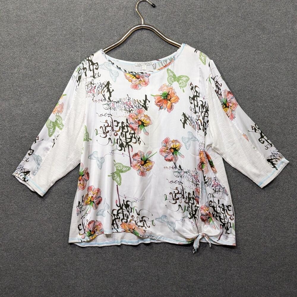 Sno Skins Floral Top Womens 2XL Slubby Knit Loose Fit Side Tie 3/4 Sleeve